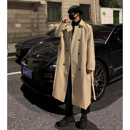 Shelley Jonespu leather windbreaker men's coat mid-length spring and autumn new ins double-breasted design top coat handsome coat black 2XL recommended 145-160Jin Jin equals 0.5 kg