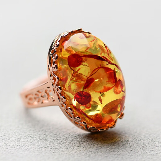Chengyuanxiang CREORISETIN natural flower amber ring, raw stone, beeswax amber two-color ring, sterling silver inlay, live female best friend's birth year gift, flower amber ring
