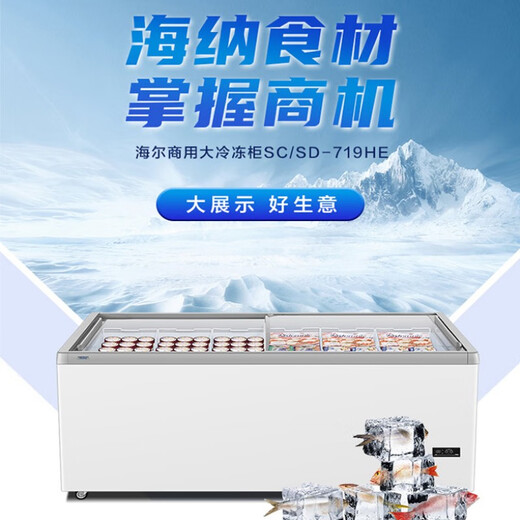 海尔（Haier）冰柜商用大容量卧式展示柜雪糕柜透明玻璃门推拉门冷冻展示冰激凌柜冻品展示柜超市大容量岛柜冷柜 冻藏转换丨平面玻璃门丨719HE丨 530L