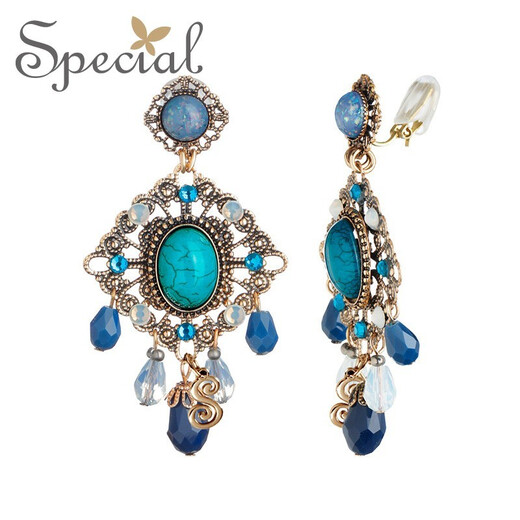 Special European and American retro fashion jewelry non-pierced ear clips women's earrings temperament tassel sweeping shoulders blue non-pierced ear clips