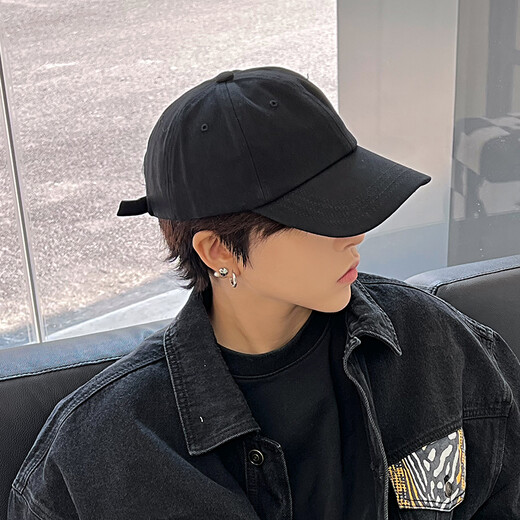 Muwan big head-close hat men's trendy baseball hat men's pure color couple Han bend brim showing face small duckball cap men's hat women black - small size model one size large size (60-65cm) adjustable
