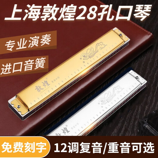 敦煌上海老品牌敦煌28孔F调G调复音D调重音C调口琴初学者演奏送礼乐器 28孔金色复音C调