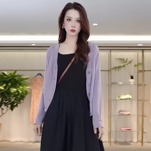 Xin Yimei Dress Women's Suit 2025 Spring and Autumn New Fashion Small Fragrance Style Knitted Overlay Suspender A-Line Skirt Two-piece Set Purple Overlay + Black Skirt L (110-120Jin Jin equals 0.5 kg)
