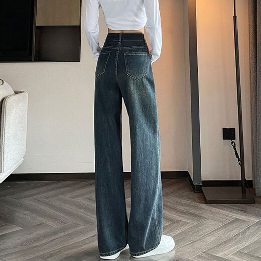 吉莞美直筒牛仔裤女春秋设计美式休闲口袋阔腿长裤小个子梨形拖地裤 679蓝灰色牛仔裤 S 建议80-95斤左右