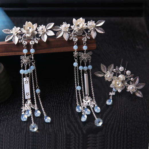 Handmade antique style hairpin for women, tassel Hanfu headdress, hair accessories, copper hair crown Qingyan copper hair crown + tassel hairpin pair, ready stock