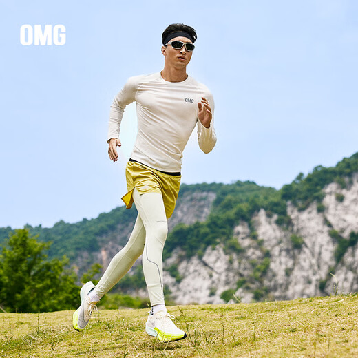 OMG high elastic sports fitness clothing men's training running tights spring and autumn long-sleeved T-shirts cool quick-drying clothes slim mysterious black XL