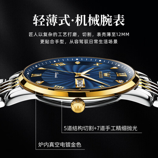 欧利时（OLEVS）瑞士认证品牌手表男机械表夜光防水全自动男士手表商务父亲节礼物 OLEVS-6630-钢带间蓝