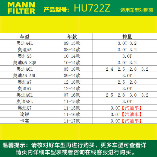 曼牌（MANNFILTER）机油滤清器HU722z/HU7029Z奥迪A4L 适用B8新B8 /A6L C6/A6L4G2 C7