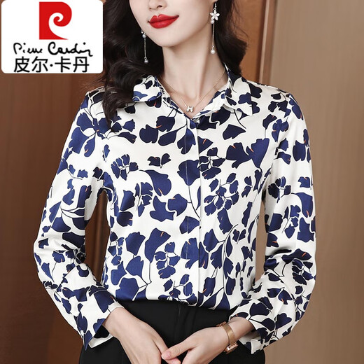 Pierre Cardin fashion printed long-sleeved chiffon shirt for women in spring and autumn, commuting temperament, slim top, fashionable mother's belly-covering shirt, leaf flower 3XL 140-150Jin Jin is equal to 0.5 kg