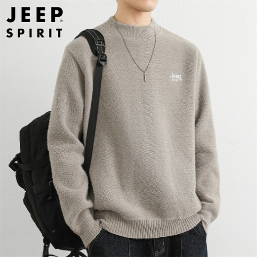 JEEP SPIRIT Jeep sweater men's autumn and winter Korean style round neck sweater men's one-piece velvet warm sweater light gray XL