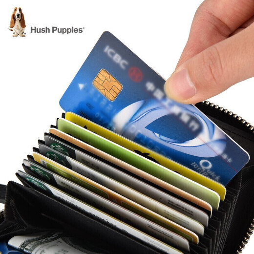 HushPuppies Card Holder Men's Genuine Leather Business Card Holder Extra Large Capacity Leather Case Multi-Card Slots Bank Card Holder ID Case Anti-Theft Brush Gift Box Black