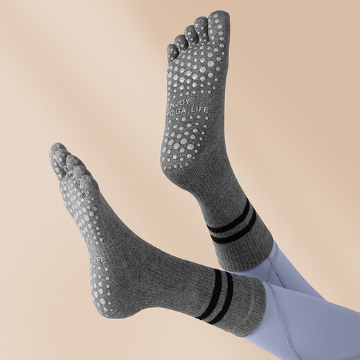 Huodiniao Yoga Socks Pilates Long Socks Non-Slip Indoor Floor Socks Adult Mid-Tube Toe Socks Fitness Sports Dance Socks Gray + Black 2 Pairs