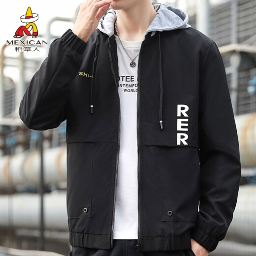 Scarecrow (MEXICAN) Jacket Men's Trendy Brand Versatile Workwear Style Jacket Loose Hooded Boys Top 9238 Black XL