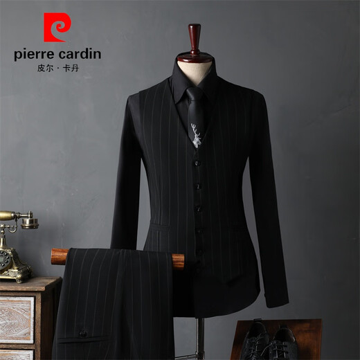 Pierre Cardin Striped Suit Men's Full Groom's Suit British Style Groomsmen's Clothes Business Formal Wedding Suit Men's Black (Suit+Vest+Trousers) S 46(80-100Jin Jin is equal to 0.5 kg)