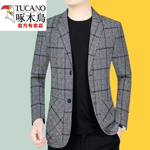 Woodpecker (TUCANO) new autumn and winter casual suit jacket for men, spring and autumn style, middle-aged men's plaid suit, Korean version trendy, khaki, velvet, thickened 3XL recommended 145-160Jin Jin equals 0.5 kg