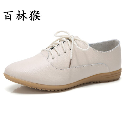 Bailin Monkey Small Leather Shoes for Women Spring and Autumn Real Soft Leather Women's Shoes Flat Soft Leather Maternity Non-Slip Mom Shoes Girls Travel Versatile Shoes Beige 37