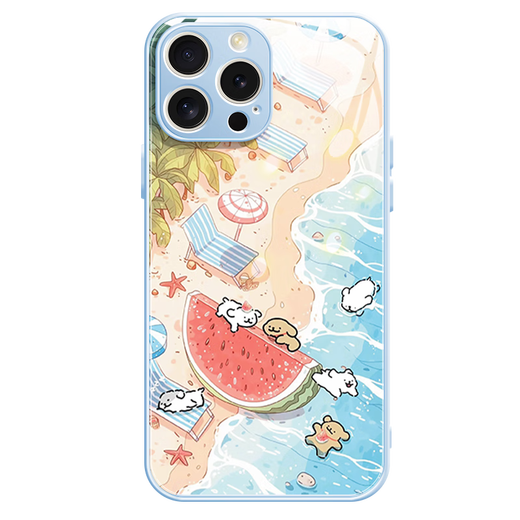 Beau Ten Cent (MSMF) Nouveau émoi de ligne de mer de mer Puppy Apple Téléphone Temper en verre Hard Silicone Soft Edge Anti-Fall Lens Full-incluse Couchette Internet Cartoon Internet Convient pour les hommes et les femmes Couverture de protection [Glass Far Peak Blue] Puppy 1-BL844Y iPhone15Pro