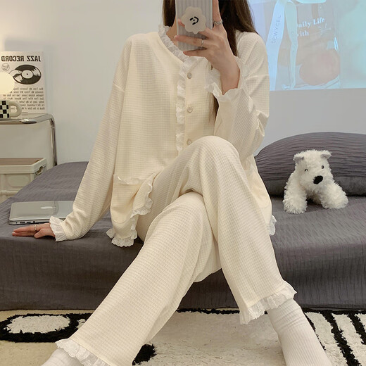 Yalu Color Color Lace Pyjama à manches longues pour les femmes au printemps, à l'automne et à l'hiver 2024 Nouveau ensemble de vêtements de maison en plein air en coton pur