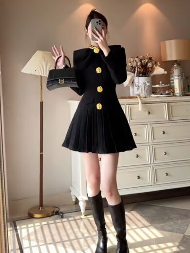 Xue Qianduo Annual Party Dress Women's 2024 New Spring Hepburn Style Belly Covering Short Black Single-breasted Dress Texture Black Dress S Recommendation 82-95Jin [Jin equals 0.5 kg]