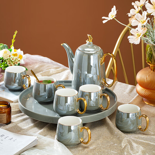 Huangtong Jingdezhen light luxury tea set ceramic cup set water cup complete set of water set household Nordic style high-end gift Aegean Sea Galaxy Gray 8-piece set gift box