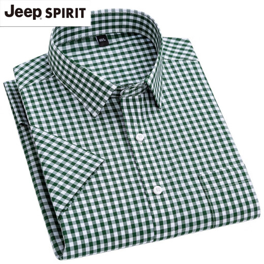 JEEP SPIRIT100棉质男士格子短袖衬衫中青年休闲棉质薄款加大码半袖衬衣 F983绿白小格子 38【100-110斤】