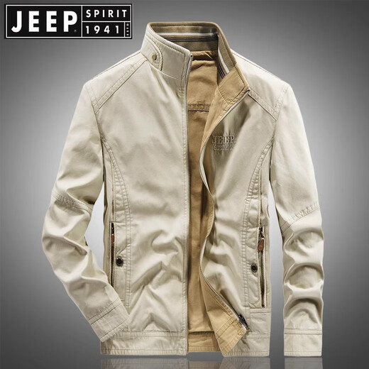 JEEP SPIRIT Reversible Jacket Men's High-end New Autumn and Winter Cotton Stand Collar Loose Casual Large Size Workwear Khaki XL