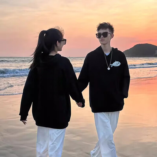 MDlila <Two-piece> Couple's Sweatshirt Autumn and Winter Suit Red One Man and One Woman Loose Hooded Jacket Fish-Eating Cat Male Black + Female Black (Spring and Autumn Style) XL Male + Female M