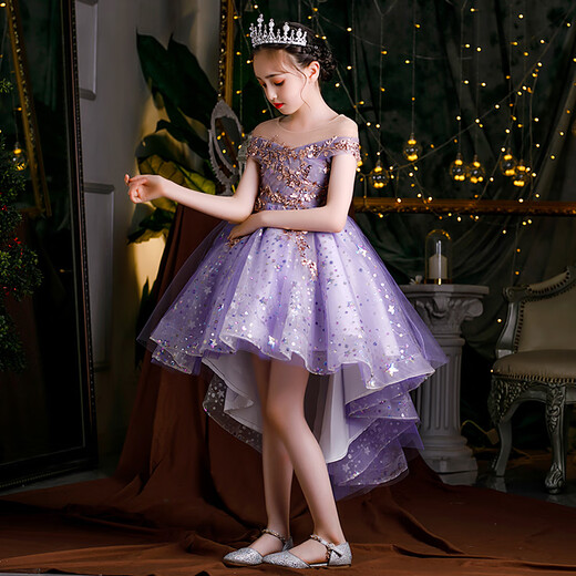 Little Kayi Nong Girl Host Evening Dress Princess Dress Children's Show Piano Performance Clothes High-end Flower Children Wedding Dress Summer Purple Short 1591 Sleeveless 120