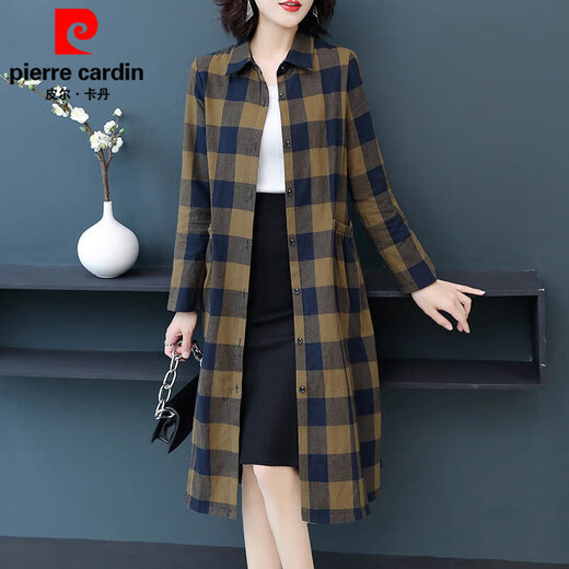 Pierre Cardin pure cotton plaid mid-length shirt for women spring and autumn new style large d size over-the-knee windbreaker loose long-sleeved shirt jacket plaid XL recommended 120-136 Jin Jin equals 0.5 kg