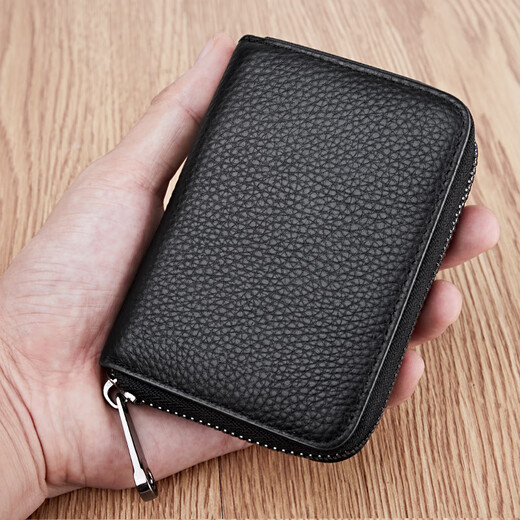 Genuine pickup bag for men, anti-theft brush, multiple card slots, zipper, thin, compact, credit document card bag, large capacity, female card holder, anti-degaussing, mirror window style, black, first-layer cowhide