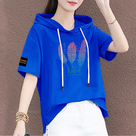 喻小熊有戴带帽孑的棉半袖女帽衫短袖t恤连帽女装新款夏季宽松半截袖 红色-687袖子标 2XL