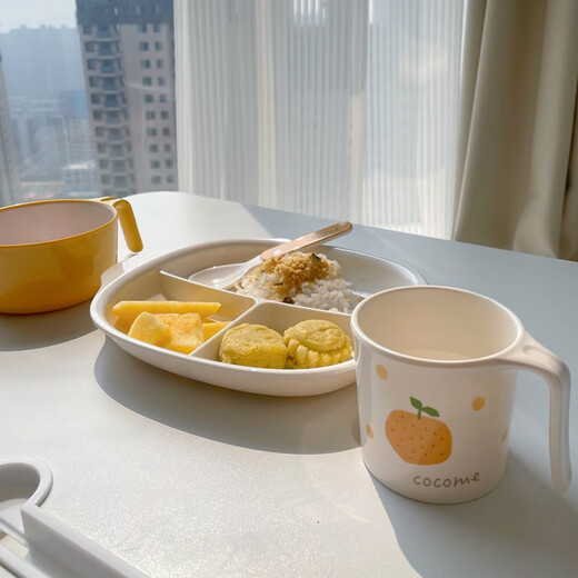 United Berui Children's Tableware Set New Year Metamine Children's Eating Supplementary Food Bowl Anti-fall Imitation Porcelain Partition Plate Fork Spoon Cute Card [Wanshi Da Orange 4-piece Set + Gift Box] / Supermarket Edition The same model online and offline/
