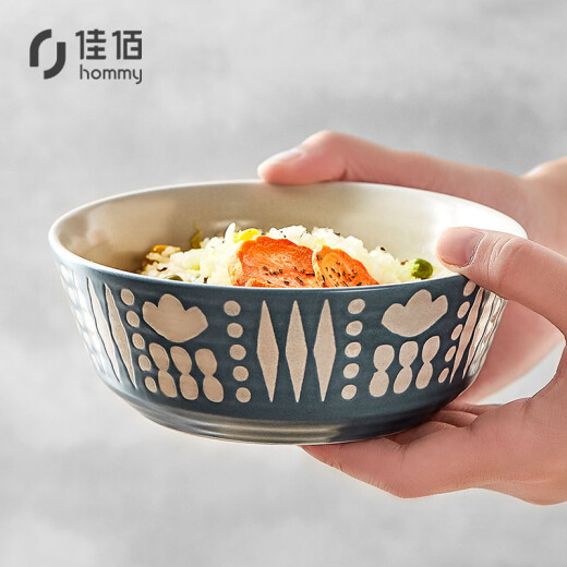 Jiabai Nordic Fashion Tableware Ceramic Bowl Geometric Impression 6-inch Soup Bowl Deep Bowl Instant Noodle Bowl Beef Noodle Bowl Creative Rice Bowl Porridge Bowl Fruit Salad Bowl 2 Pack