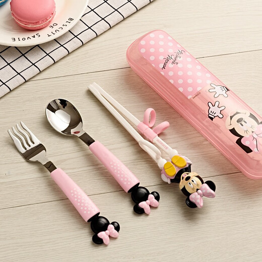 Disney Children's Chopsticks Special Learning Training Chopsticks Children's Tableware Set 304 Stainless Steel Household Fork Spoon Mickey Red (Four-piece Set)