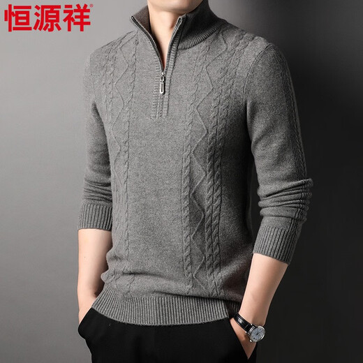 Hengyuanxiang solid color pullover men's autumn clothing new half-high zipper collar sweater men's pure wool sweater casual sweater 152268 medium gray M 170