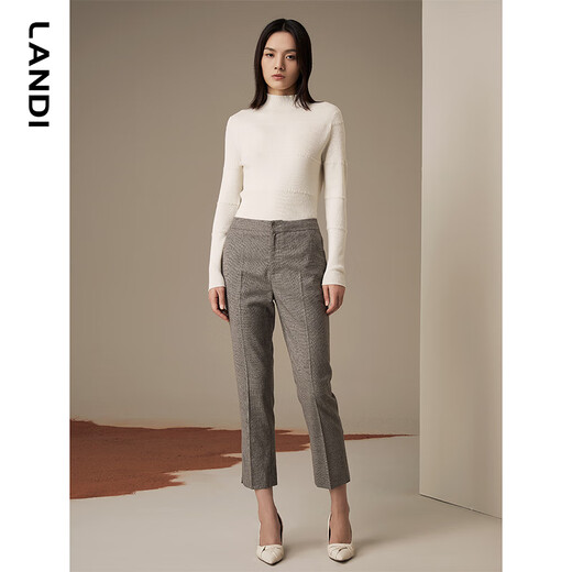 LANDI Checked Wool Suit Pants Women's New Winter Dark Gray Slim Fit Pants Trousers Gray Brown L