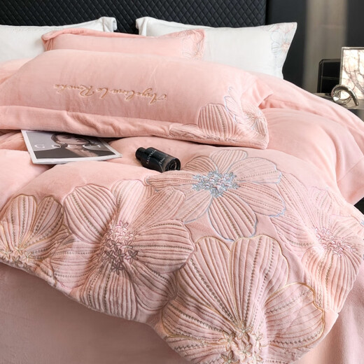 Mercury series home textiles high-end A-class milk velvet embroidered bed four-piece set winter thickened baby velvet cover bed linen bedding 4 winter thickened milk velvet-Qilly-Fanxinglan 2.0-meter bed sheet four-piece set-quilt cover 220x240