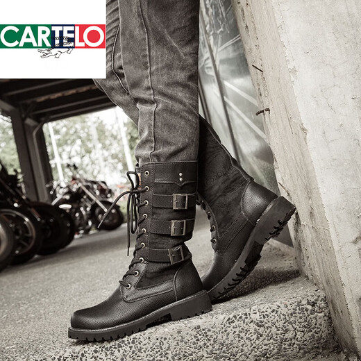卡帝乐鳄鱼（CARTELO）高筒长靴男潮马靴复古骑士靴男士高帮靴子马丁靴英伦风牛仔靴春秋 黑色 983 44