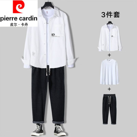 Pierre cardin men's casual long-sleeved shirt men's suit spring and autumn trendy men's clothing full set with mature trendy clothes 679 blue shirt + long white T+71 blue jeans XL