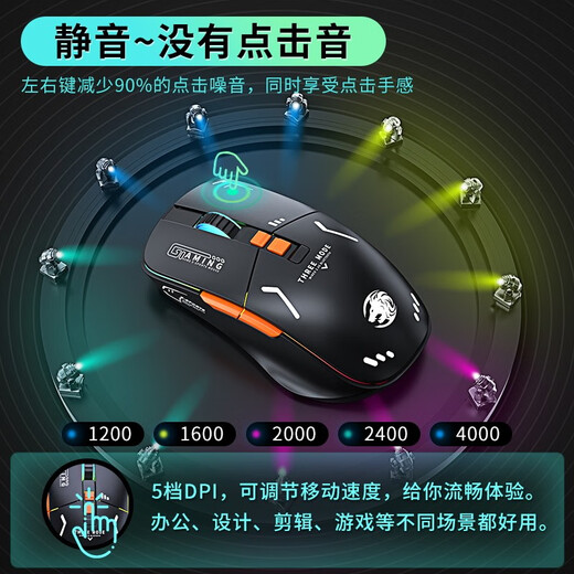 前行者G308无线蓝牙鼠标机甲风三模游戏电竞台式电脑笔记本平板手机办公可type-c充电静音有线外设专用 炫酷黑【2.4G无线】静音按键/RGB灯效