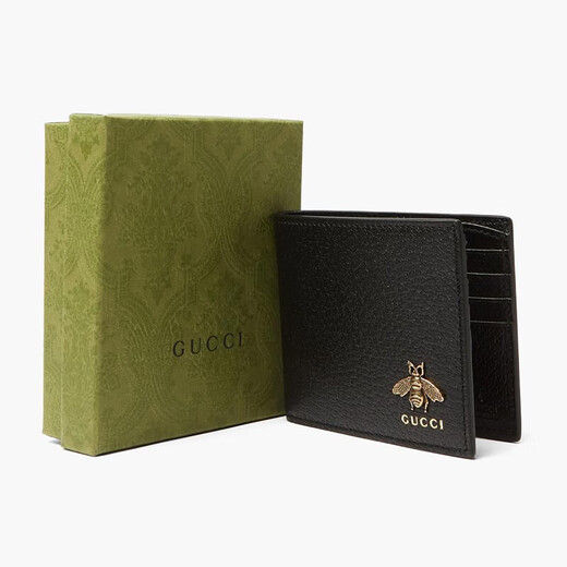 古驰（GUCCI）经典款男士对折牛皮钱包 古奇蜜蜂图案短款钱夹皮夹 时尚大牌男包 黑色【配礼盒】523664 尺寸：长11*宽3*高9cm