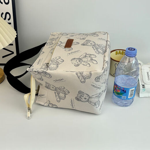 Tuzun Neue Leinwand Handtasche Leinwand Tasche große Kapazität Einfacher Büroangestellter vielseitiger Lunchbox Mama Arbeit Lunchbox Leder Außenpocket Bär Weiß