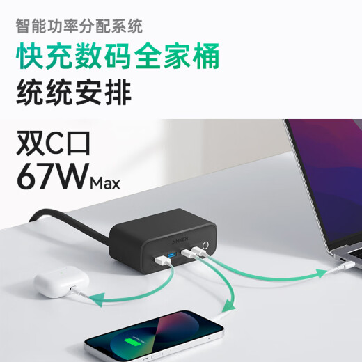 ANKER安克USB氮化镓插座67W带usb接口插线板/插排/排插/六合一桌充/USB插座全长1.5米 2Type-C+2USB-A白