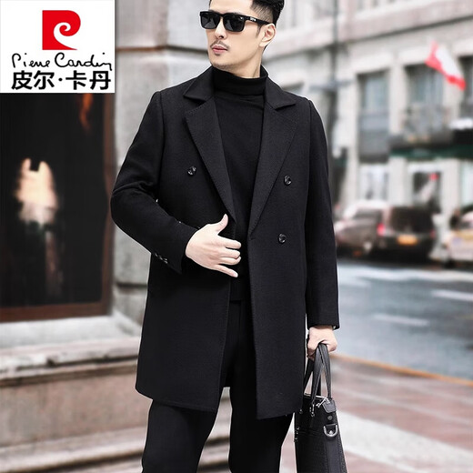 Pierre cardin high-end white goose-vulpe liner double-sided wool woolen coat men thickened winter mid-length wool trench coat men caramel color 170/M