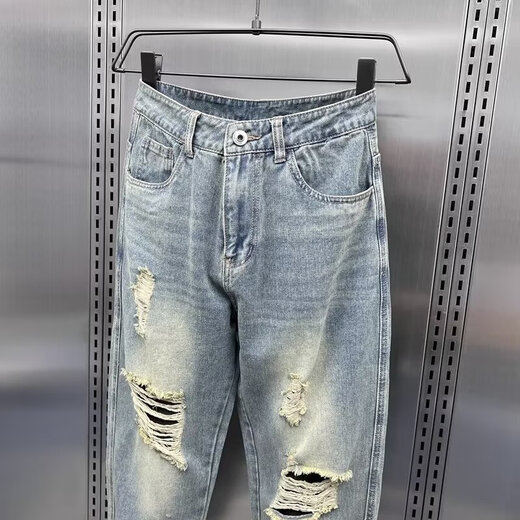 Trendy Männer zerrissene Jeans Herren Sommer dünner vielseitiger, schlanker gerade neun-Punkte-Casos-Hosen Trendige hübsche Marke Harem Pants Blue 36