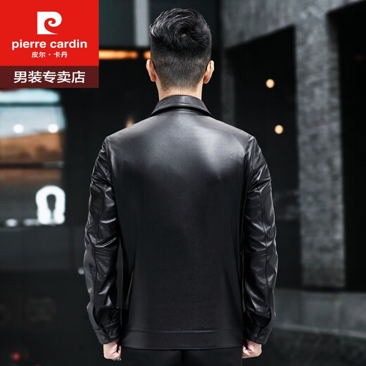 皮尔卡丹（pierre cardin）海宁真皮皮衣男头层牛皮中青年翻领大码休闲商务皮夹克薄款爸爸装 黑色翻领 3XL