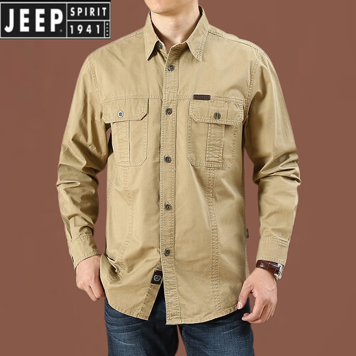 JEEP SPIRIT Jeep Men's Pure Cotton Long-Sleeved Shirt Spring and Autumn New Outdoor Workwear Casual Double Pocket Loose Large Size Shirt Military Green 1388 2XL