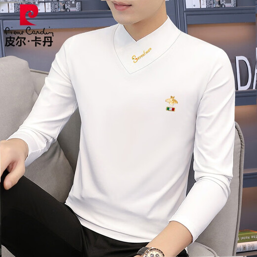 Pierre Cardin spring and autumn new thin underwear men's long-sleeved T-shirt v-neck slim bottoming shirt warm tops casual T-shirt 220732-Navy Blue-Spring and Autumn Thin* Style 2XL suitable for 140-155Jin Jin equals 0.5 kg