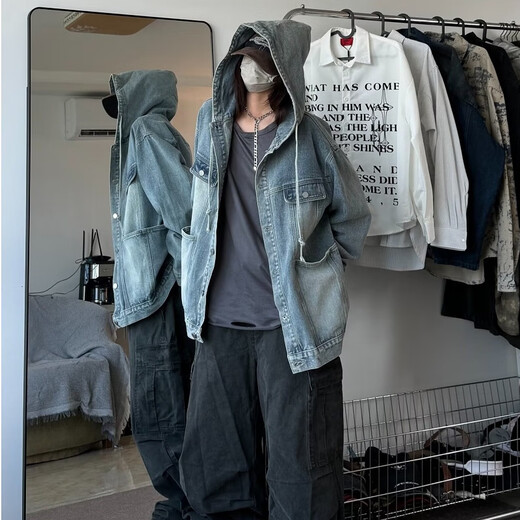 Miduoxuan Denim Jacke Herren 2024 Frühling und Herbst Neue American High Street VBE Waschen Trendy Lose Casual Hooded Jacke X-3523 Blau One Size S