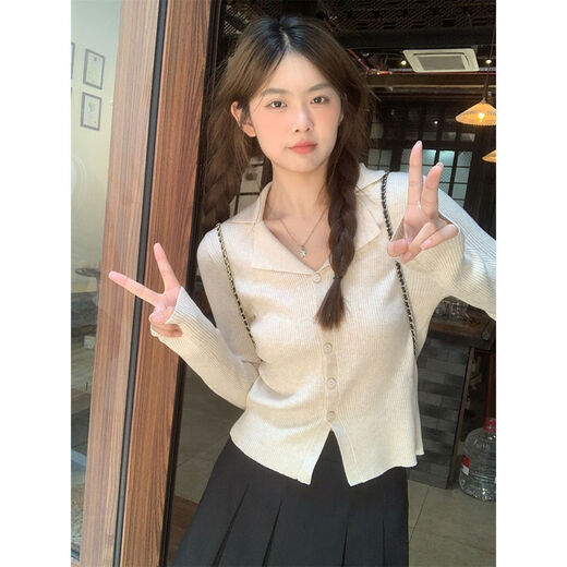 简方位法式翻领长袖针织开衫女秋冬2025新款小众设计感修身打底短款上衣 9926黑色 S  建议80-95斤穿